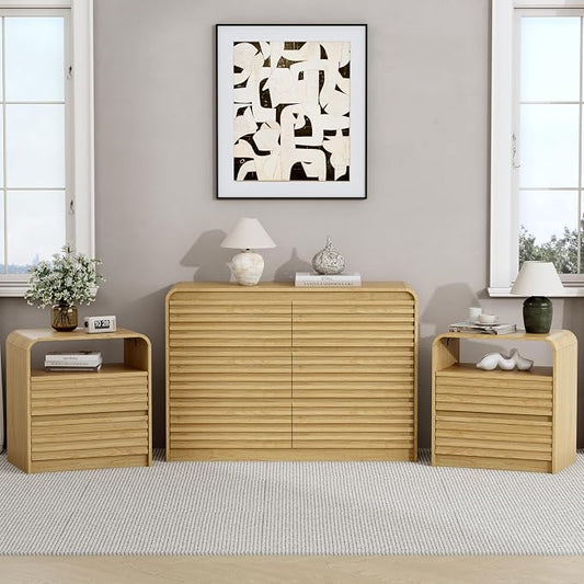 Dresser and Nightstand Sets for Bedroom, 3 Pcs Bedroom Set, Fluted 6 Drawer Dresser with Curved Profile and Night Stand Set of 2 with Charging Station, Wood Chest of Drawers, Natural Oak