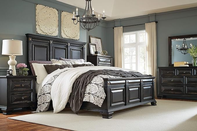 Roundhill Furniture Renova Vintage Black Wood Bedroom Set, King Panel Bed, Dresser, Mirror, Nightstand, Chest