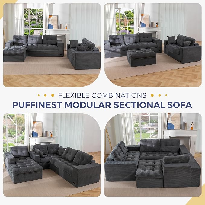 MAXYOYO Modular Sectional Sofa with Ottoman and Loveseat, Cloud Boneless Couch with Layered Cushion, Flexible Module Combination Sofa for Living Room, No Assembly Required,Dark Grey