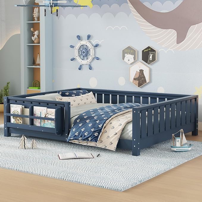 Bellemave Full Size Floor Bed with Slats and Guardrails, Full Size Montessori Floor Bed with Bookcase and Fence, Low Profile Montessori Beds for Kids, Blue Floor Beds Frame