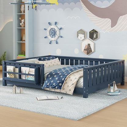 Bellemave Full Size Floor Bed with Slats and Guardrails, Full Size Montessori Floor Bed with Bookcase and Fence, Low Profile Montessori Beds for Kids, Blue Floor Beds Frame