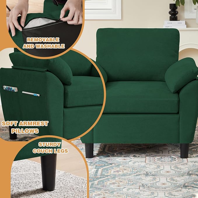 3 Piece Convertible Sectional Sofa Set, Modern Linen Small L Shaped Couch with Reversible Ottoman and Accent Chair, 3-Seat Sofa Couches for Living Room, Office, Apartment, Green