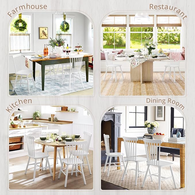 LUE BONA Windsor Dining Chair, Dining Chairs Set of 6, Spindle Back Wood Dining Chair, Kitchen Chairs Wooden, Farmhouse Dining Chairs for Kitchen and Dining Room, White