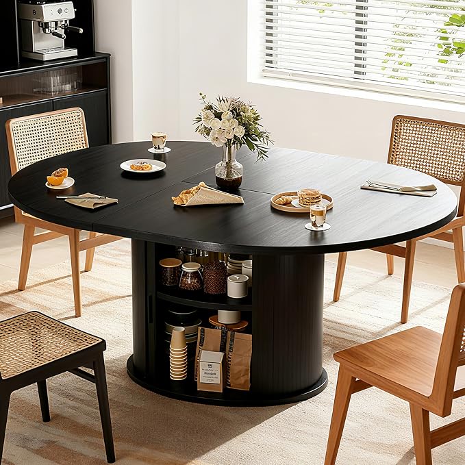 Wildhome Extendable Round Dining Table for 2-4-6, 63 Inch Dining Room Kitchen Table with 2-Tier Storage Shelf, Modern Farmhouse Fluted Wood Slide Door Dinner Furniture,Oval Circle,Black-63 Inch