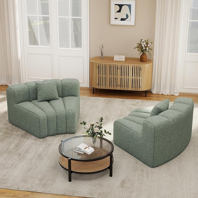 Nebuaegis 2PCS 1/8 Round Curved Sofa, 2 Seater Modular Velvet Couch, Modern Boneless Sectional Couches for Living Room, No Assembly Required,Light Green