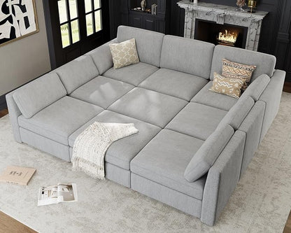 Oversized Modular Sectional Sleeper Sofa Bed Cloud Couches Gray | Deep Seat Couch for Living Room, 9 Seater Luxury Comfortable Sofa with Ottoman, Solid Wood Frame, Removable Washable Cover
