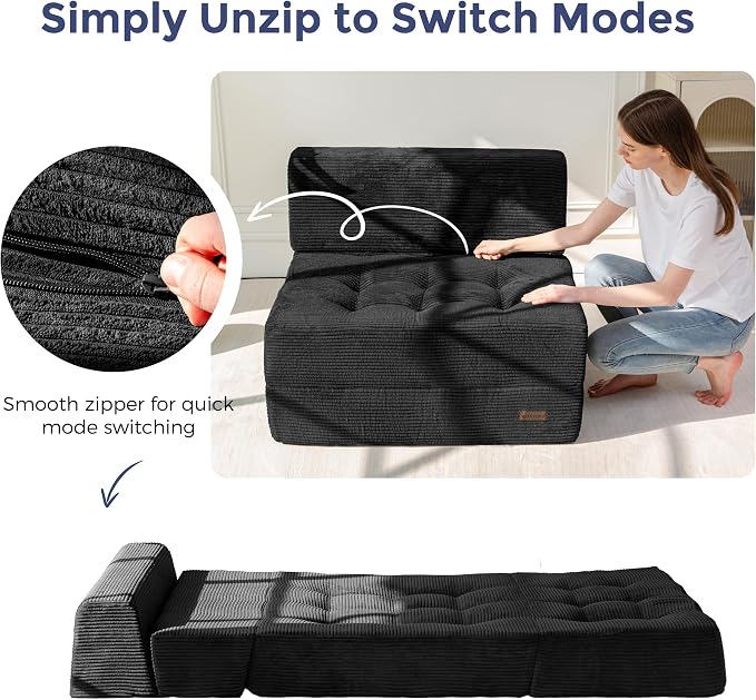 MAXYOYO 8" Folding Sofa Bed, Fold Out Chair Bed, Convertible Floor Sofa Couch, High-Density Foam Tufted Lounge Couch for Living Room Bedroom Dorm, Single, Black