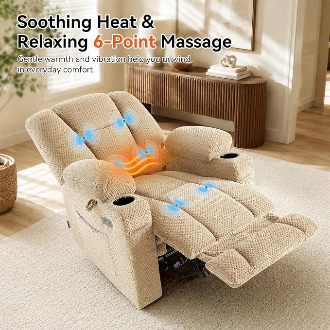 MCombo Zero Gravity Power Recliner Chair with Heat and Vibration Massage, Reclining Chair with USB & Type C Ports, Cup Holders for Living Room, Fabric 8015 (Beige)