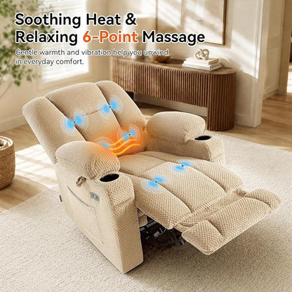 MCombo Zero Gravity Power Recliner Chair with Heat and Vibration Massage, Reclining Chair with USB & Type C Ports, Cup Holders for Living Room, Fabric 8015 (Beige)