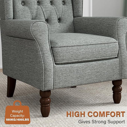 Wingback Accent Chair, Button-Tufted High Back Armchair for Living Room, Upholstered Wingback Chair with Solid Wood Legs, Comfy Single Sofa Reading Chair for Bedroom, Grey