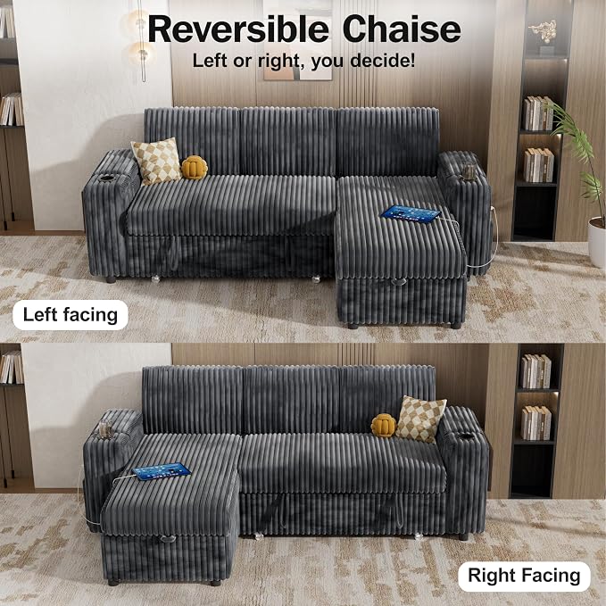 Vipbear 86" Modular Sectional Sleeper Sofa with Pull Out Bed, 3 Seat Plush Corduroy L Shaped Couch with Storage Chaise|USB Ports|Cup Holders|Side Table|Storage Armrests, Tool Free Assembly, Grey