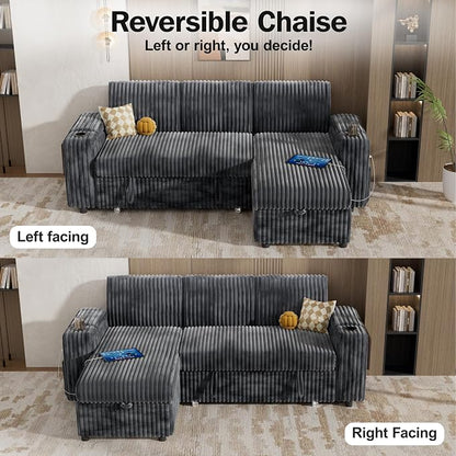 Vipbear 86" Modular Sectional Sleeper Sofa with Pull Out Bed, 3 Seat Plush Corduroy L Shaped Couch with Storage Chaise|USB Ports|Cup Holders|Side Table|Storage Armrests, Tool Free Assembly, Grey