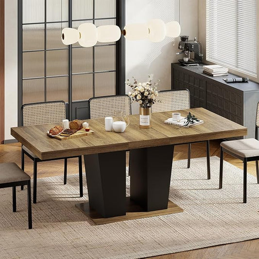 Zevemomo 63"-78.7" Expandable Dining Table, 6-10 Rectangle Table, Extendable Console Table, Wooden Farmhouse Kitchen Table with Metal Track & Dual Column Base for Living, Office-Brown