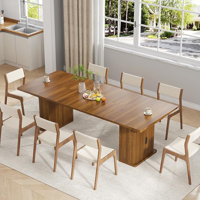 39-94 inch Extendable Dining Room Table for 4-10, Rectangle Expandable Long Kitchen Table with Double Tier Storage, Fluted Sliding Doors, Modern Square Dinner Table, Living Room, Farmhouse, Walnut