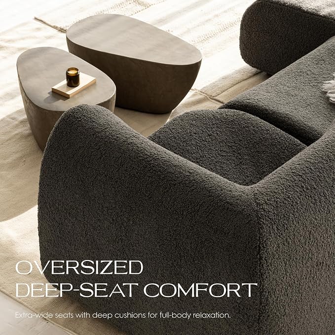 110" 3-Seater Modular Sectional Sofa, Sherpa Cloud Couch with Deep Seat Comfort, Boneless Curved Sofas with High-Density Foam Strong Support, Modern Cozy Sofa for Living Room – No Assembly, Grey
