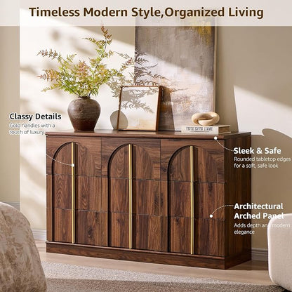 ACCOHOHO Arched Dresser for Bedroom with 9 Drawers, 52" Wide Modern Chest of Drawers with Rounded Edge & Metal Handles, Wood Storage Closet Dressers TV Stand for Living Room, Hallway, Brown