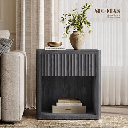 SICOTAS Night Stand Nightstand with Drawer Storage Fluted Bed Side Table End Table Large Modern Wide Bedside Mid Century Night Stands for Bedroom Living Room Sofa Couch Home Office, Dark Grey Alder