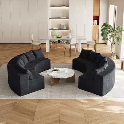 KEIKI Corduroy Curved Sectional Sofa, 6 Seater Symmetrical Modular Semi Circular Couch, Deep Seat Tufted Corner Sofa for Living Room, Lobby, Black