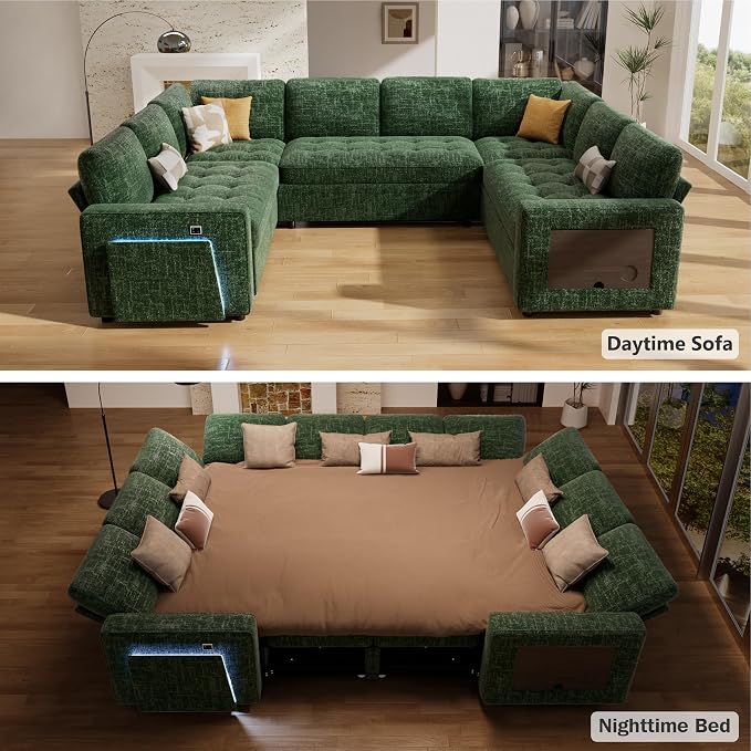 Vipbear 8 Seat U Shaped Modular Sectional Sleeper Sofa with Pull Out Bed/Reclining Backrest/USB Ports/Table/LED Light/Storage Seat, Sectional Sleeper Couch, Tool-Free Assembly, Chenille Green