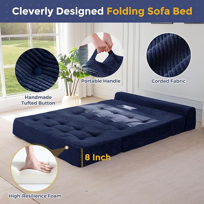 MAXYOYO 8" Folding Sofa Bed, Fold Out Chair Bed, Convertible Floor Sofa Couch, High-Density Foam Tufted Lounge Couch for Living Room Bedroom Dorm, Loveseat, Navy
