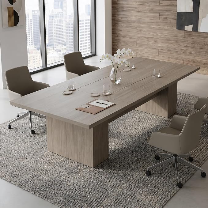 130" W Extra Large Conference Desk Table for 8-10 Persons, Modern Office Work Desk with Sturdy Pedestal Base, Long Rectangular Executive Study Table for Office, Living Room, Gray Oak