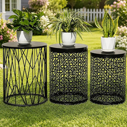 HFHOME Set of 3 Heavy-Duty Round End Table, Side Table, Coffee Table for Indoor Multifunctional Use, Outdoor Decorative Garden Stool Plant Stand-Black