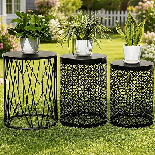 HFHOME Set of 3 Heavy-Duty Round End Table, Side Table, Coffee Table for Indoor Multifunctional Use, Outdoor Decorative Garden Stool Plant Stand-Black