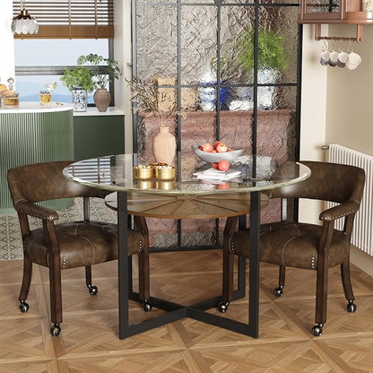 LEEMTORIG Set of 8 Large Dining Chairs with Casters and Arms, Rolling Dining Chairs with Wheels, Wood Boss Caption's Chairs, 26" D x 25.2" W x 31.5" H, Espresso Legs & Choalate PU, XXY-1910-BN