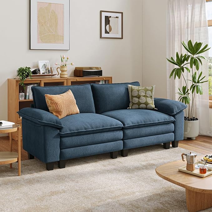 LINSY HOME 90" Modular Cloud Love Seat Sofa, Corduroy Soft Sectional Couch, Modern Comfy Love Seat, Perfect for Living Room, Apartment, Office, Blue