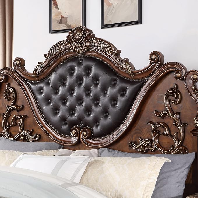 Furniture of America Clairibel Wood 3-Piece Bedroom Set, California King-Size Bed with Button-Tufted Headboard, Marble Top Nightstand & Dovetail Drawers, Box Spring Required, Brown Cherry