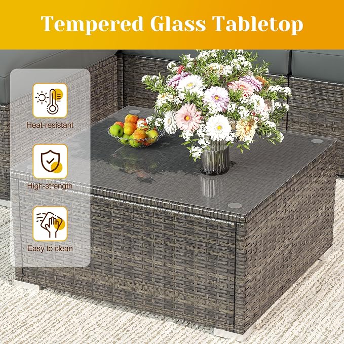 May in Color 5 Piece Outdoor Patio Sectional Furniture Set, Weather Resistant Rattan Outside Couch, Waterproof Conversation Sofa for Balcony, Porch, Backyard, Deck, Garden, Grey
