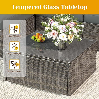 May in Color 5 Piece Outdoor Patio Sectional Furniture Set, Weather Resistant Rattan Outside Couch, Waterproof Conversation Sofa for Balcony, Porch, Backyard, Deck, Garden, Grey