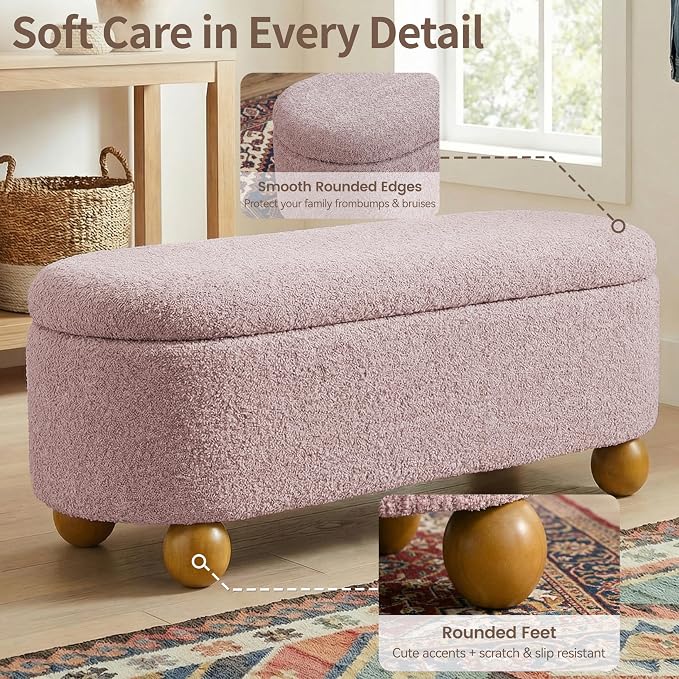 VKNOW 44.8" Storage Ottoman Bench End of Bed Bench, Thickened Upholstered Blanket Chest for Living Room, Entryway Bench with Cute Spherical Solid Wood Stool Legs for Bedroom, Pink