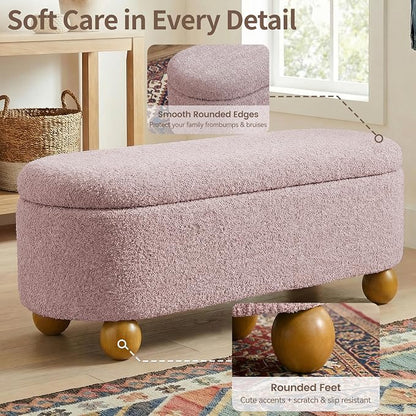 VKNOW 44.8" Storage Ottoman Bench End of Bed Bench, Thickened Upholstered Blanket Chest for Living Room, Entryway Bench with Cute Spherical Solid Wood Stool Legs for Bedroom, Pink