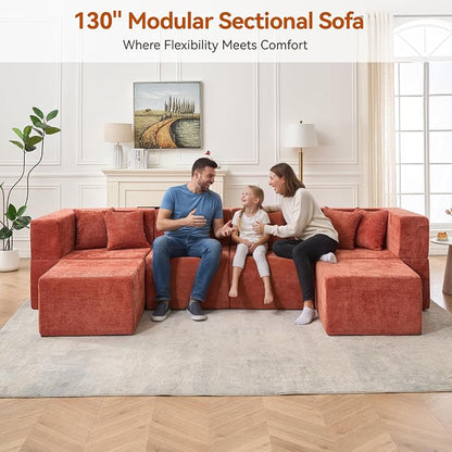 MONVANE Modular Sectional Cloud Couch for Living Room - 130'' 6 Seater Convertible Chenille Couches Set with Ottoman, No Assembly Compression Sofas, Comfy Floor Sofa with Memory Foam, Rust Red