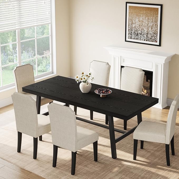 GarveeHome Industrial Dining Table for 6-8 People, 78.7" Long Large Kitchen Table with Sturdy Metal Frame, Rectangular Counter for Dinner, Kitchen, Dining Room (Black, 79" Non-extendable)