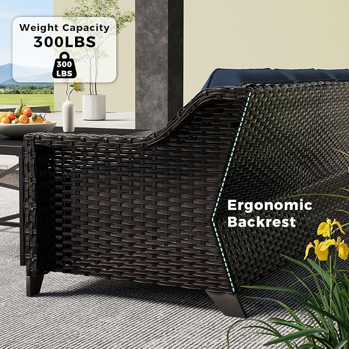 9 Pieces Patio Conversation Furniture Set - 1 Sofa, 2 Ottomans, 4 Swivel Chairs, 2 Side Tables, Outdoor Wicker Furniture with Removable Cushions for Porch, Balcony, Sunroom (Blue)