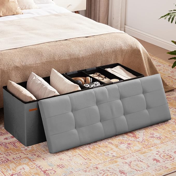 HAUSFRAU Storage Ottoman Bench with Flipping Lid, 43.3 Inches Storage Chest Footsrest, Folding Foot Stool for Entryway, Living Room, Bedroom, Linen Grey