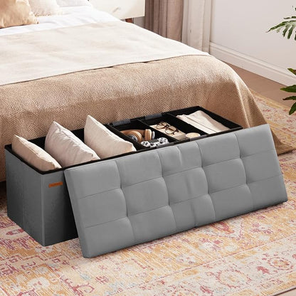 HAUSFRAU Storage Ottoman Bench with Flipping Lid, 43.3 Inches Storage Chest Footsrest, Folding Foot Stool for Entryway, Living Room, Bedroom, Linen Grey