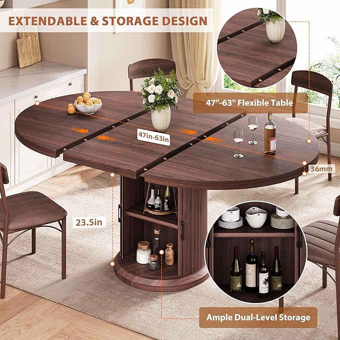 Jocoevol Extendable Round Kitchen Dining Room Table for 4-6 with 2-Tier Storage Shelf, 63'' Space Saving Expandable Wood Oval Circle Dinner Furniture with Pedestal Base (Brown)