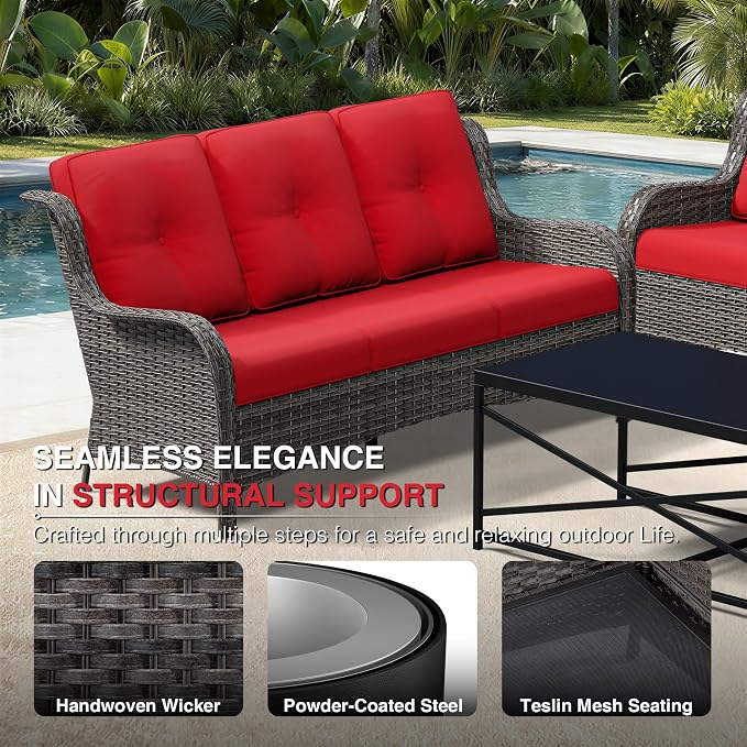 Joyside Outdoor Patio Couch, 3 Seater Outdoor Wicker Sofa with High Back, Deep Seating, Wide Armrest, Thickened Cushions, Patio Sofa for Deck, Porch Use