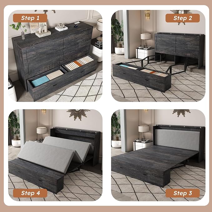 Bellemave Full Murphy Bed with Mattresses and Charging Stations and Storage Drawer, Farmhouse Murphy Cabinet Bed with Foldable Panel, Noisy Free, for Guest Bedroom, Living Room, Carbon Black