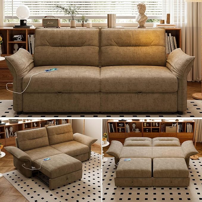 85'' Sofa Bed Full, Assembly, 3 in 1 Sleeper Sofa Beds, Flannel Pull Out Couch for Living Room, Charging & Adjustable Armrest, Comfy Loveseat for Small Space, Flannel Brown