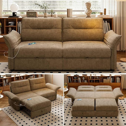 85'' Sofa Bed Full, Assembly, 3 in 1 Sleeper Sofa Beds, Flannel Pull Out Couch for Living Room, Charging & Adjustable Armrest, Comfy Loveseat for Small Space, Flannel Brown