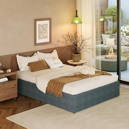 EMODA Queen Bed Frame with Cover No Box Spring Needed, 14 Inch Heavy Duty Metal Platform BedFrame Queen Size with Steel Slats, Easy Assembly