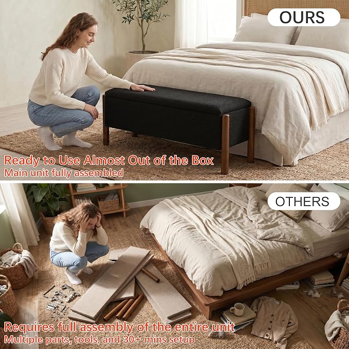 Modern Storage Benches with Walnut Wood Legs, 47'' Ottoman Bench with 20 Gallons Storage Space for Bedroom End of Bed, Fabric Upholstered Entryway Bench with Seating for Livingroom, Black