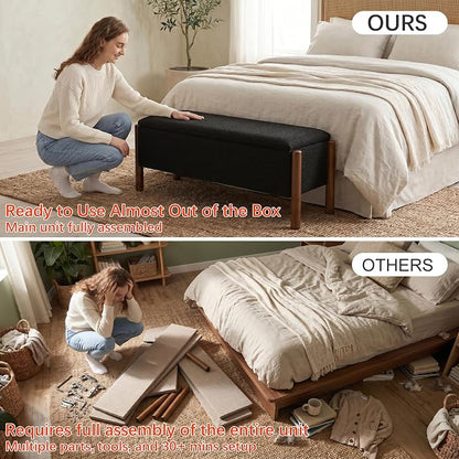 Modern Storage Benches with Walnut Wood Legs, 47'' Ottoman Bench with 20 Gallons Storage Space for Bedroom End of Bed, Fabric Upholstered Entryway Bench with Seating for Livingroom, Black