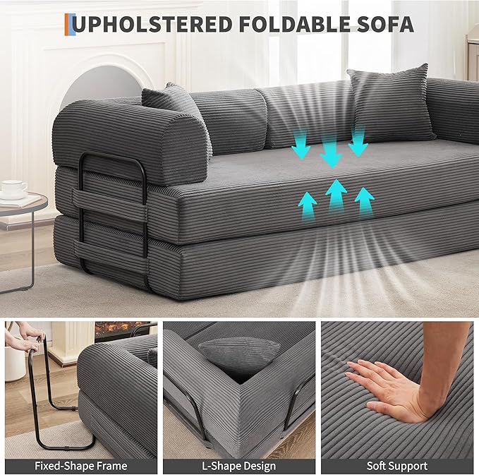 IDEALHOUSE 4 in 1 Convertible Sleeper Sofa Bed Couch, 79 Inch Boneless Corduroy Floor Couch with Pillows, No Assembly, Modern Deep Seat Sofa Futon Mattress for Living Room,Apartment,Gray