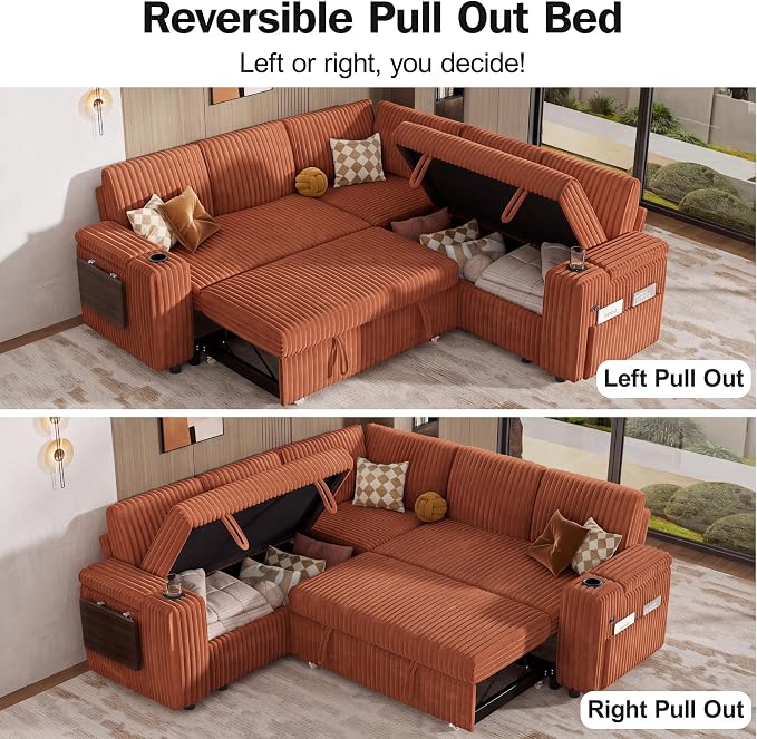 Vipbear 86" Modular Sectional Sleeper Sofa with Pull Out Bed, 5 Seat Plush Corduroy L Shaped Couch with Storage Seat|USB Ports|Cup Holders|Side Table|Storage Armrests, Tool Free Assembly, Orange