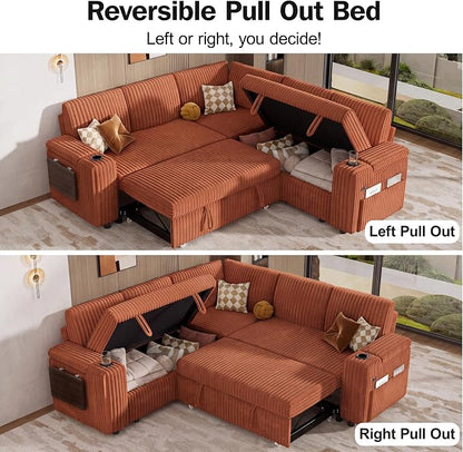 Vipbear 86" Modular Sectional Sleeper Sofa with Pull Out Bed, 5 Seat Plush Corduroy L Shaped Couch with Storage Seat|USB Ports|Cup Holders|Side Table|Storage Armrests, Tool Free Assembly, Orange